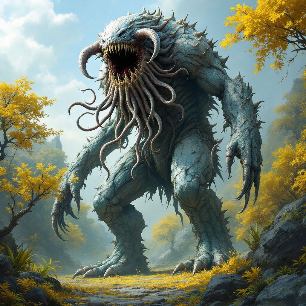 A towering creature with a massive mouth and jagged talons stands among vibrant yellow and blue foliage. It has a mottled blue-white hide and tentacles lined with vicious hooks.