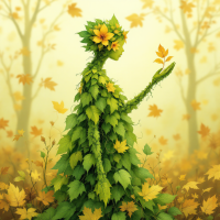 A silhouette of a woman formed from green leaves and yellow flowers stands amidst a serene autumn landscape, symbolizing the journey of rebuilding trust after a break.