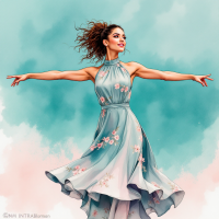 A woman in a flowing floral dress twirls gracefully against a soft, colorful background, embodying the essence of embracing life as expressed in the quote about acceptance and experience.