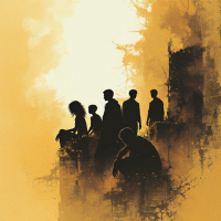 Silhouettes of figures stand amidst a warm yellow backdrop, embodying the idea of those living in the overlooked spaces of stories, reflecting themes of freedom and existence in silence.