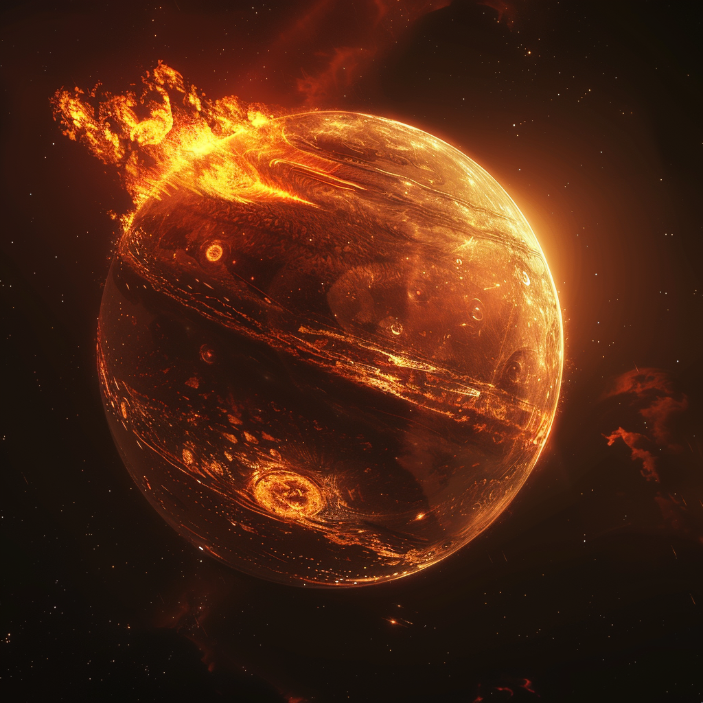 A glowing planet is engulfed in intense flames and fiery eruptions, visualizing the catastrophic effects of the experiment mentioned in the quote.