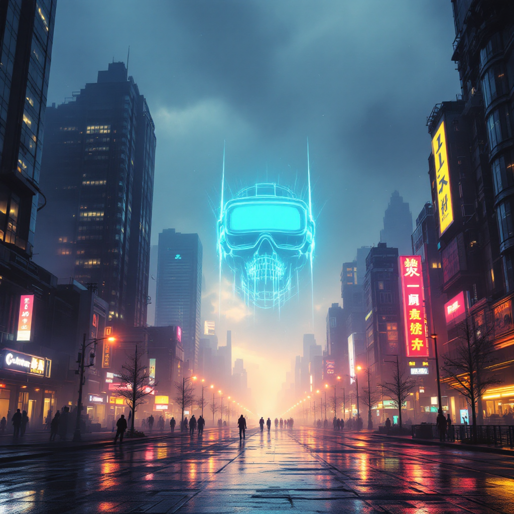 A foggy cityscape at dusk features towering buildings and neon signs. A glowing, holographic skull looms ominously above, echoing the sentiment of facing uncomfortable truths.