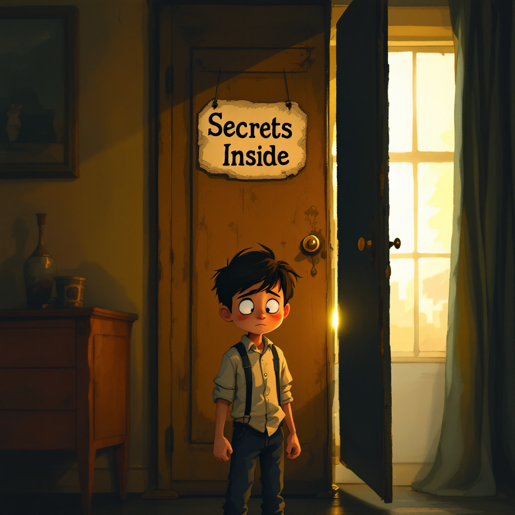 A wide-eyed boy stands hesitantly in front of an open door with a sign reading Secrets Inside, illuminating the room and reflecting the theme of confronting hidden truths.