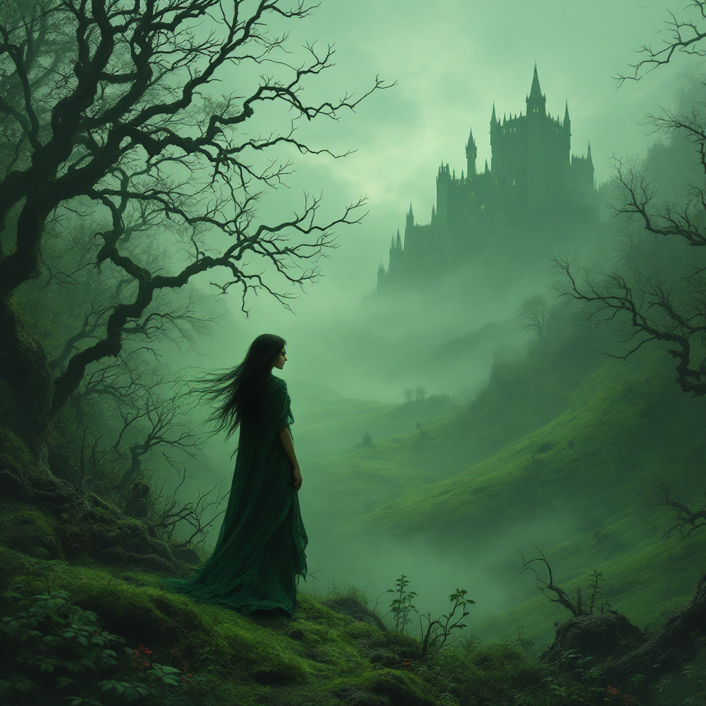 A figure in a flowing green dress stands before a misty landscape, where a dark castle looms amidst twisted trees, capturing the blend of peril and beauty described in the quote.