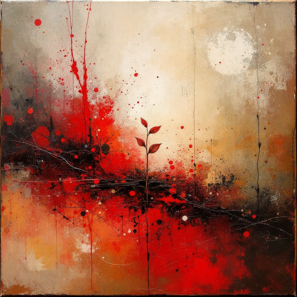 An abstract painting with a stark contrast of red and black splashes against a muted background, featuring a solitary green sprout, evoking the quote about blurred lines of morality.