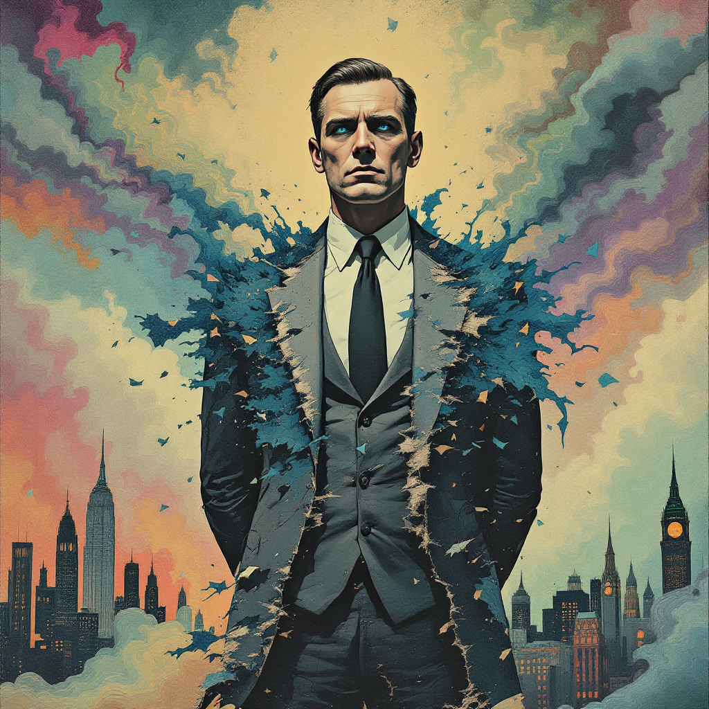 A man in a suit stands confidently, surrounded by an explosion of vibrant colors and abstract shapes, embodying the essence of being a good person, as expressed in a powerful quote.