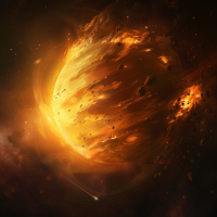 A fiery planet engulfed in flames with debris surrounding it, inspired by the quote, She wondered how long it would take for the entire planet to catch fire, once the experiment began.