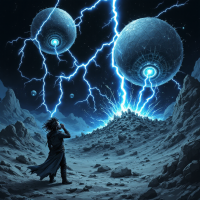 A figure stands in awe on a rocky landscape, gazing at glowing, diamond-hulled warglobes crackling with blue lightning, as they devastate the second moon of Oncier.