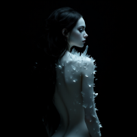 A woman with long, dark hair stands in profile against a dark background, adorned with delicate, white, spiky features that evoke a sense of struggle and resilience.