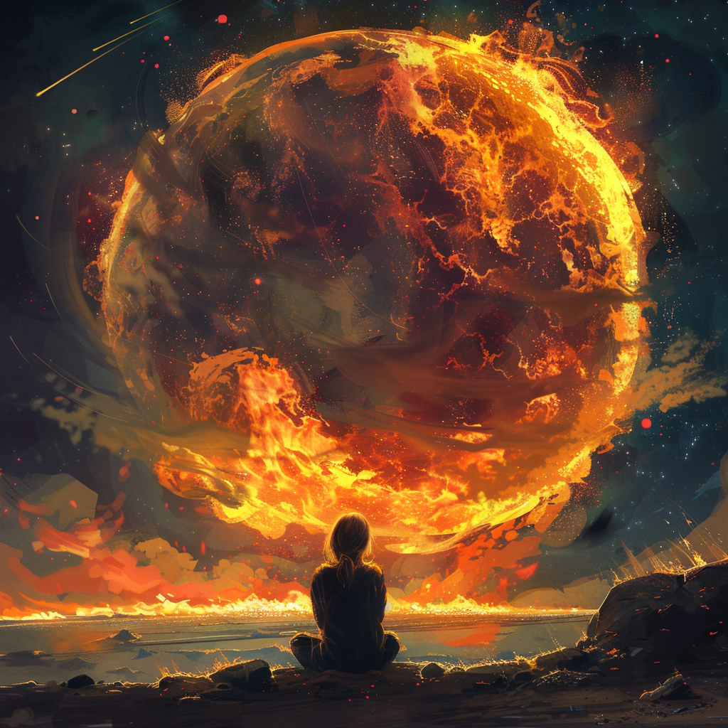 A person sits silhouetted against a fiery expanse, gazing at a burning planet, capturing the essence of the quote: She wondered how long it would take for the entire planet to catch fire, once the experiment began.