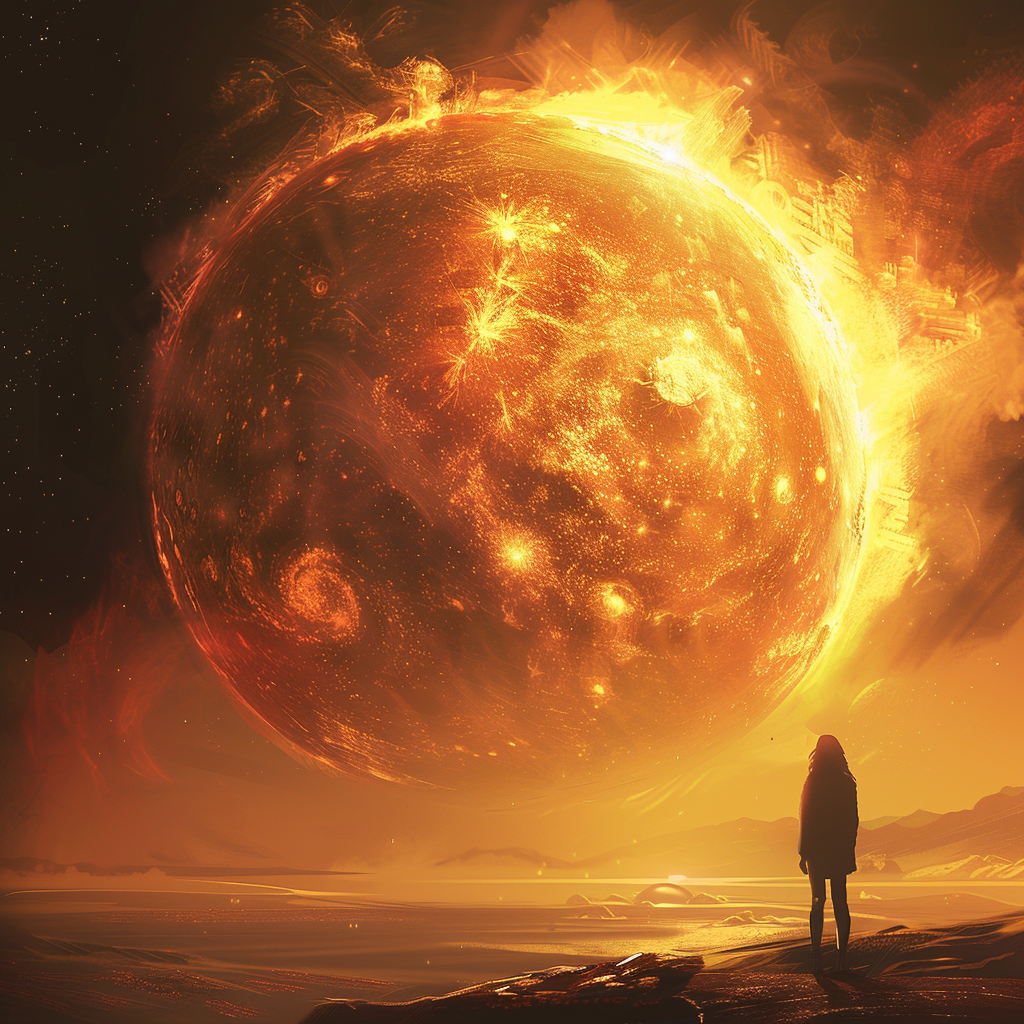A person stands on a rocky outcrop, gazing at an enormous, fiery planet that engulfs the sky, reflecting the quote: She wondered how long it would take for the entire planet to catch fire, once the experiment began.