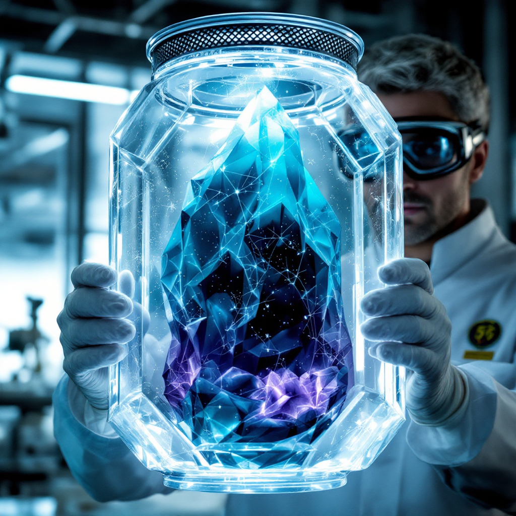 A scientist in a lab coat holds a luminous crystal in an unbreakable tank, surrounded by modern laboratory equipment, capturing the essence of confinement from the quote.