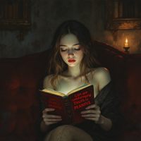 A young woman sits on a plush red couch, reading a book with the quote Lies are comforting. Truth is painful, illuminated by a candle, surrounded by shadowy, book-lined walls.