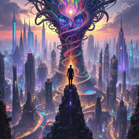 A silhouette of a person stands atop a rocky peak, gazing at a vibrant, swirling tree of cosmic energy above a futuristic cityscape at sunset, embodying the connection between self and universe.