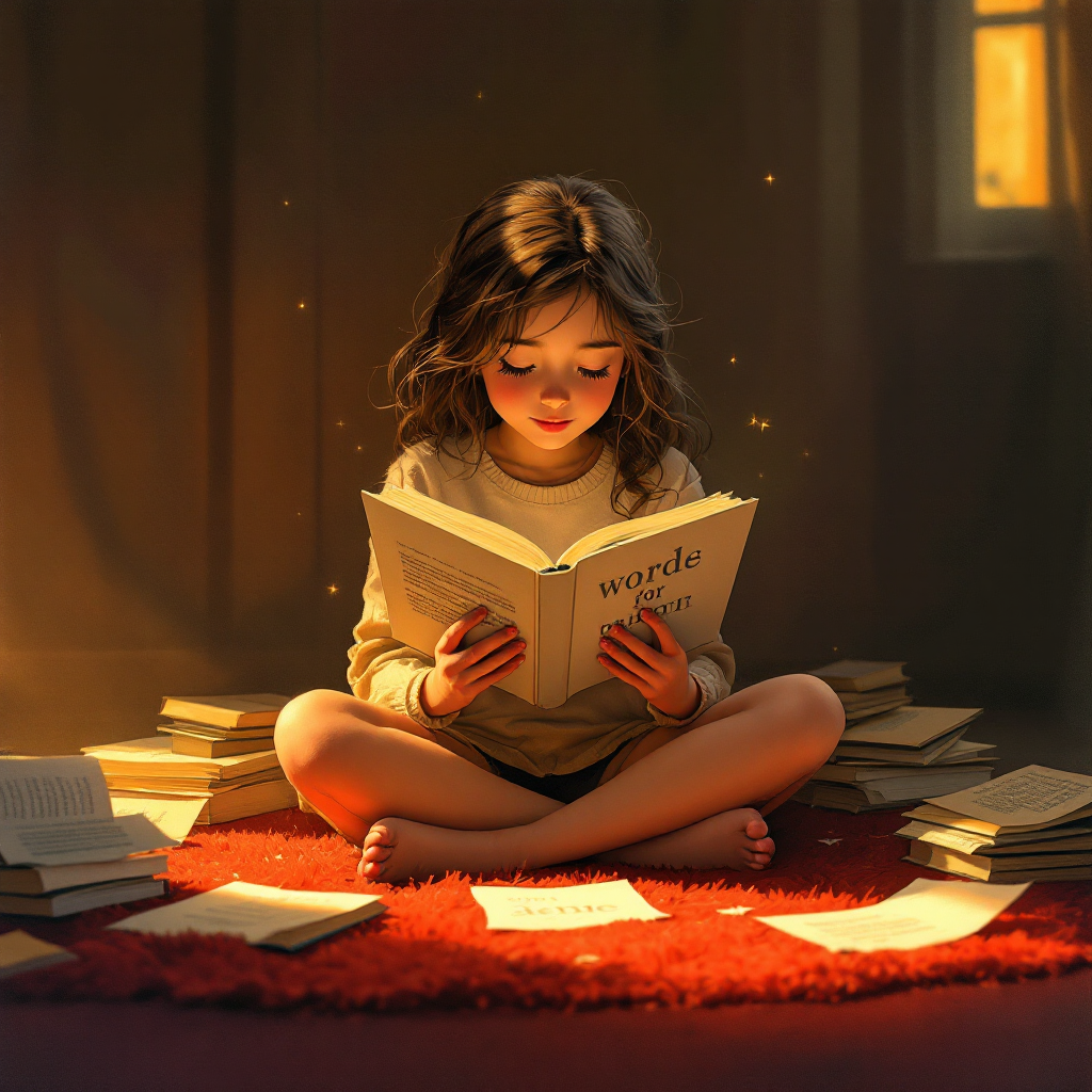 A young girl reads a book on a cozy red rug, surrounded by scattered pages, as soft light illuminates her focused expression, embodying the quote about reading sparking curiosity and knowledge.