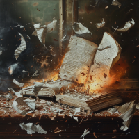 An open book bursts into flames, scattering pages and debris, visually representing the quote, It's a beautiful thing, the destruction of words.