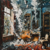 A grand room filled with books is in chaos as its walls and ceilings crumble. Shards of debris are suspended mid-air, with fire and smoke adding to the destruction. Inspired by It's a beautiful thing, the destruction of words.