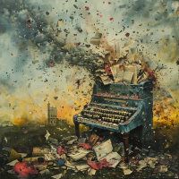 An exploding typewriter amidst flying pages and letters, symbolizing the book quote It's a beautiful thing, the destruction of words, with a dark sky and a distant building in the background.