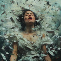 A woman stands with her head tilted back, eyes closed, and mouth slightly open, surrounded by floating, torn pieces of paper, evoking the book quote It's a beautiful thing, the destruction of words.