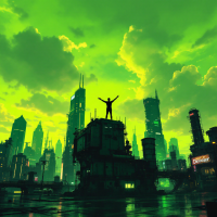 A silhouette of a person standing triumphantly atop a building, overlooking a neon green city skyline under a dramatic sky, embodying the spirit of self-improvement from the quote.