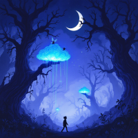 A silhouetted figure walks through a dark forest at night, where glowing jellyfish-like creatures drift amid twisted trees beneath a crescent moon, evoking an invisible monster that consumes memories.