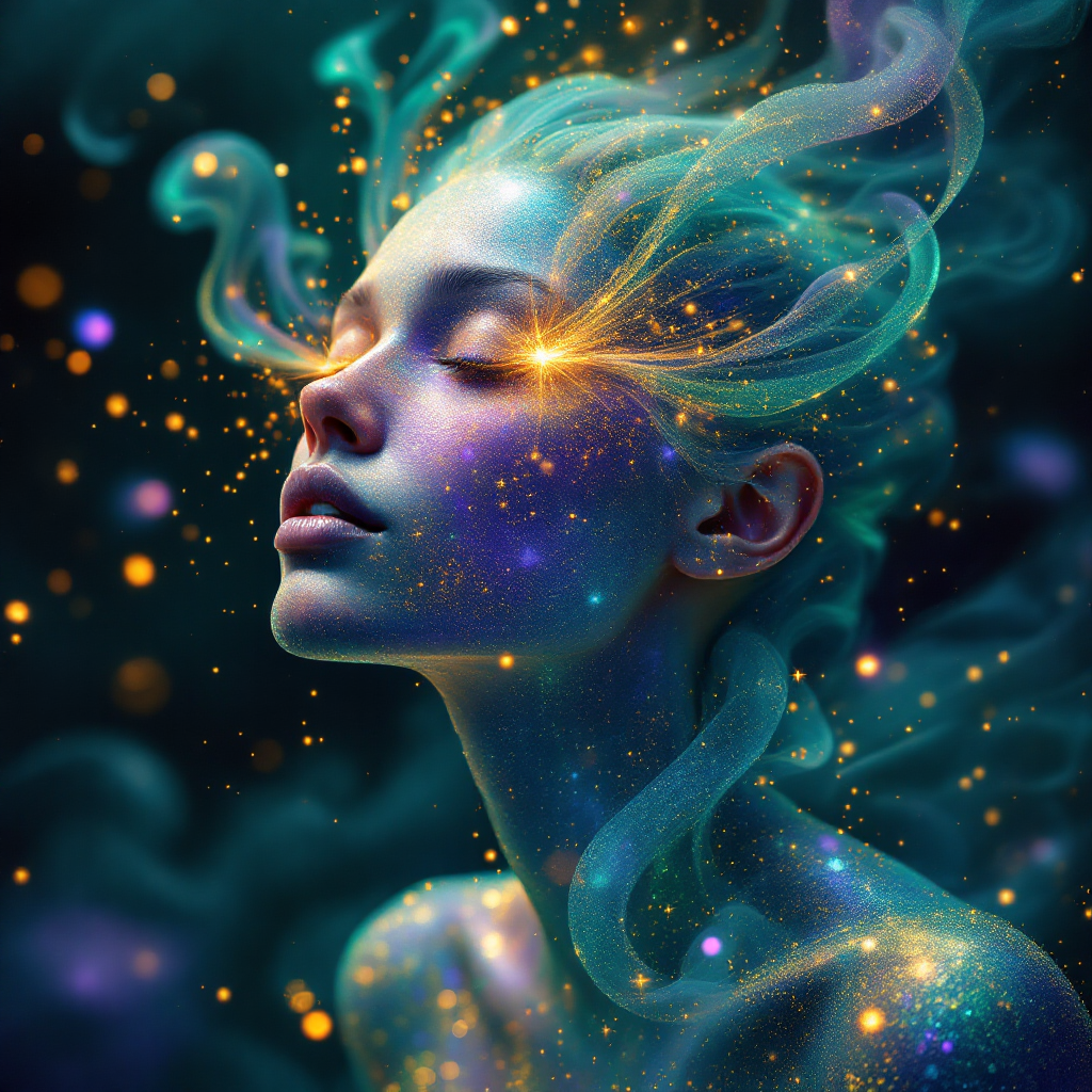 A serene figure enveloped in cosmic colors and swirling mist, embodying the essence of stardust, reflects the quote about clearing the glitter from our eyes.