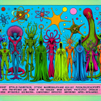 A colorful lineup of diverse alien beings, including reptiloid atomineers, green maximegalaticians, octopodic physucturalists, and a blue Hooloovoo in a prism, all in vibrant ceremonial lab coats.