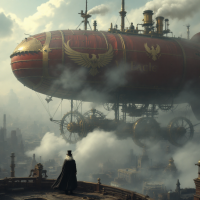 A figure in a cape stands on a rooftop, gazing at a massive, ornate airship with golden eagle motifs rising above a steampunk-inspired city, embodying grand ambition and vision.