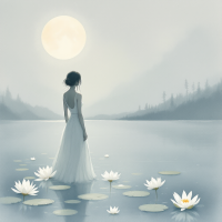 A lone figure in a flowing white dress stands by a tranquil lake, surrounded by blooming lotus flowers, illuminated by a large moon, reflecting the quest for light amidst shadows.