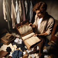 A person stands in a cluttered room filled with clothes, holding an open, aged diary with a surprised expression, referencing a book quote about finding a mysterious diary among their things.