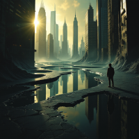 A lone figure stands on cracked ground, gazing at a futuristic skyline reflected in tranquil water, bathed in the warm glow of sunrise, illustrating the theme of perception and reality.