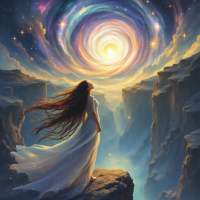 A figure in a flowing white dress stands on a cliff, gazing into a swirling cosmic vortex above, embodying the theme that love can be a dangerous yet mesmerizing force.