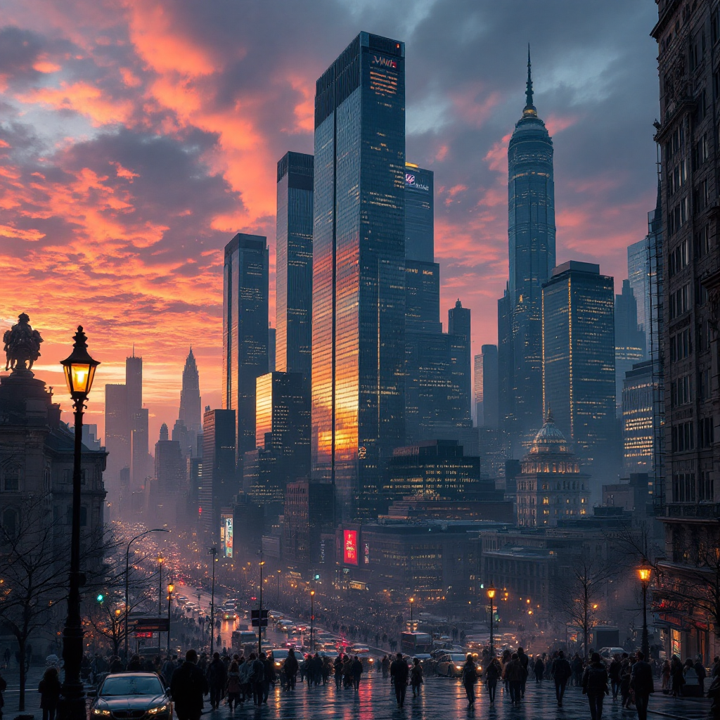 A vibrant city skyline at sunset, showcasing towering skyscrapers and bustling streets, embodying the emblematic significance of urban life.