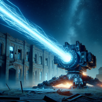 A powerful machine emits a bright blue energy beam toward a dilapidated building, set against a night sky filled with stars, illustrating the quote, Energize the demolition beams.