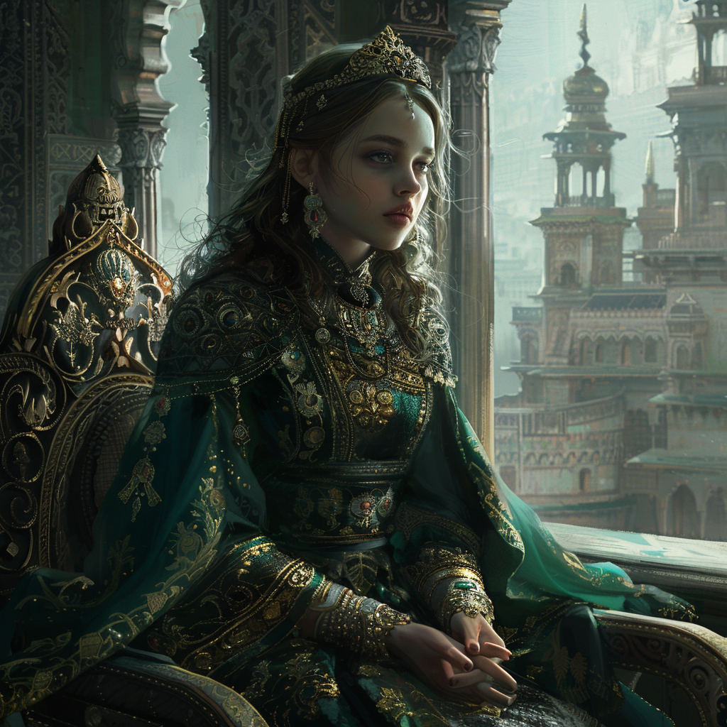 A regal child empress, Anastasia Vista Khaman, adorned in ornate green robes and a golden crown, sits pensively on a throne overlooking an intricate, ancient cityscape.