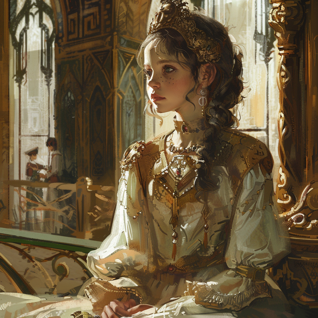 A young empress in ornate attire sits in a lavish, sunlit room. She reflects the description of Child Empress Anastasia Vista Khaman, heir to the throne and Lady of the Spinward Reaches.