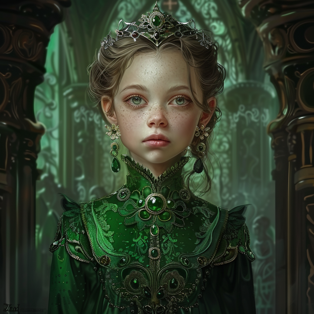 A young girl with intricate green attire and a jeweled crown stands in a regal, ornate setting. Inspired by the character Child Empress Anastasia Vista Khaman from the Spinward Reaches.