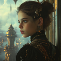 A young girl, the Child Empress Anastasia Vista Khaman, dressed regally with intricate ornaments, gazes out over a fantastical city with towering spires and ethereal lights.
