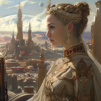 A regal young woman in intricate golden attire overlooks a futuristic cityscape with tall, ornate structures. This image represents the Child Empress Anastasia Vista Khaman, heir to the throne and Lady of the Spinward Reaches.