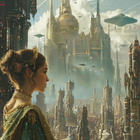 A regal young woman in ornate clothing stands against a backdrop of an opulent, futuristic city with flying ships. Inspired by the quote about Child Empress Anastasia Vista Khaman, heir to the throne.