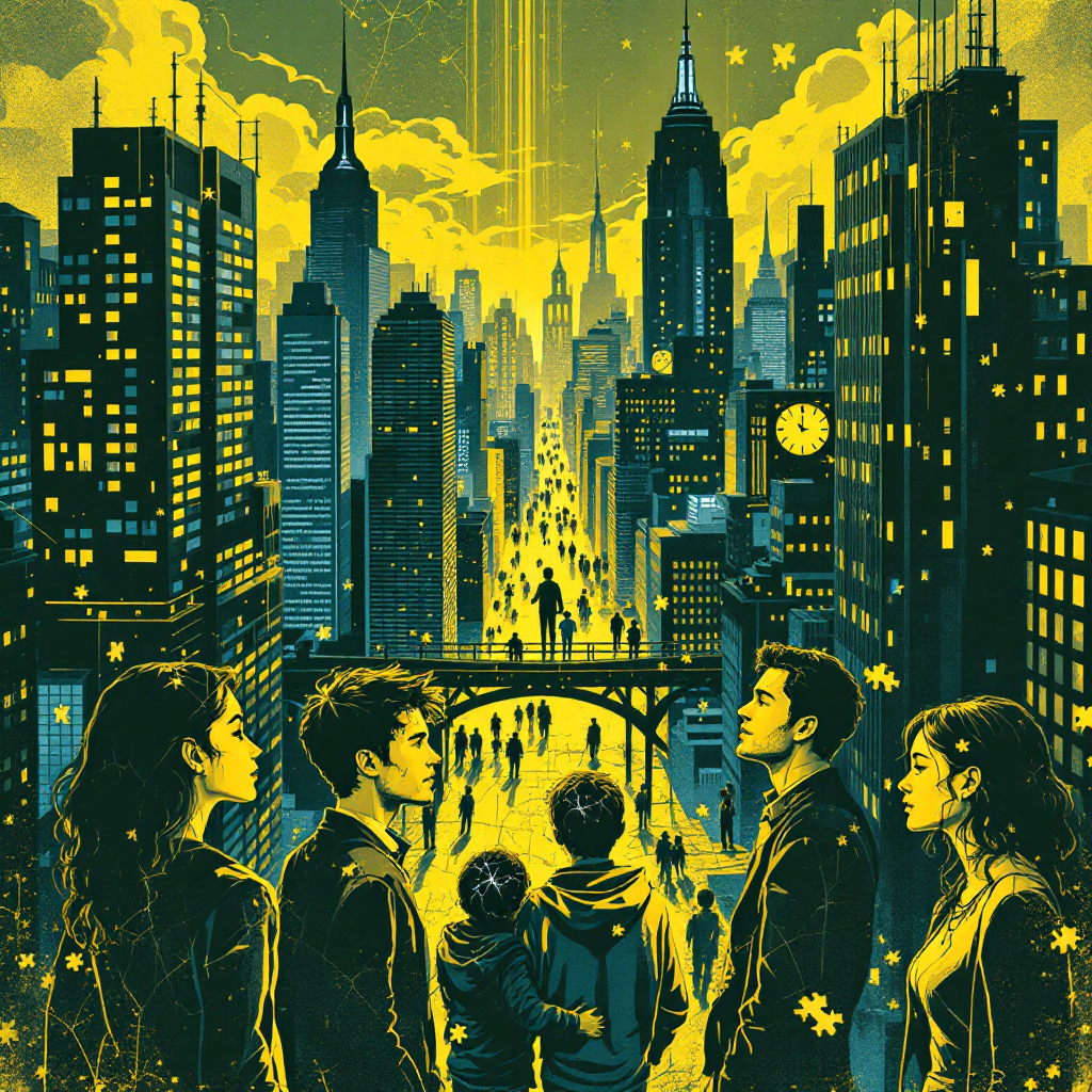 A vibrant cityscape under a yellow sky, featuring five individuals standing together, symbolizing the interconnected impact of mental illness on loved ones.