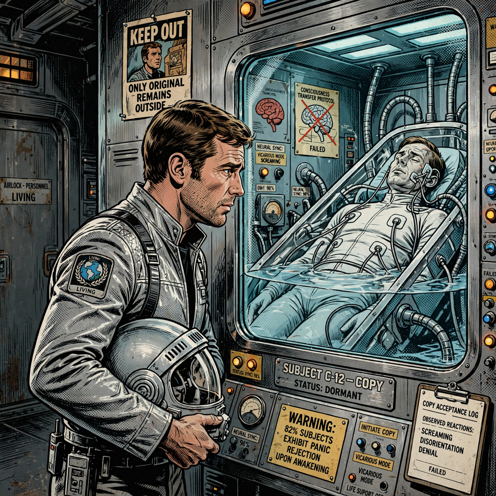 A man in a futuristic suit watches a lifeless copy of himself inside a sealed glass chamber, reflecting the struggle between his flesh-and-blood self and the artificial Copy.