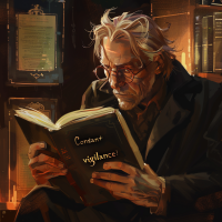 An elderly man with glasses and white hair reads a book in a dimly lit library. The book cover shows the words Constant vigilance! in bold, highlighting the quote's significance.