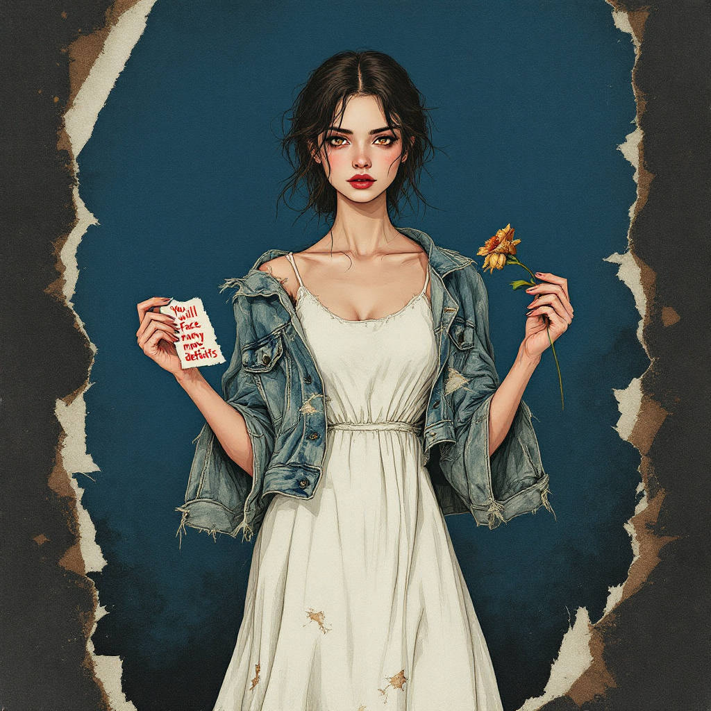 A young woman stands confidently, holding a flower and a piece of paper with a quote, dressed in a white dress and denim jacket against a deep blue backdrop.