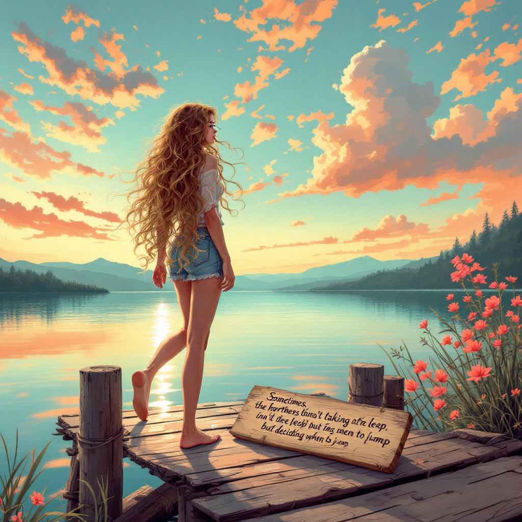 A young woman stands on a dock by a serene lake at sunset, contemplating a leap into the water, with a quote about decision-making elegantly displayed nearby.