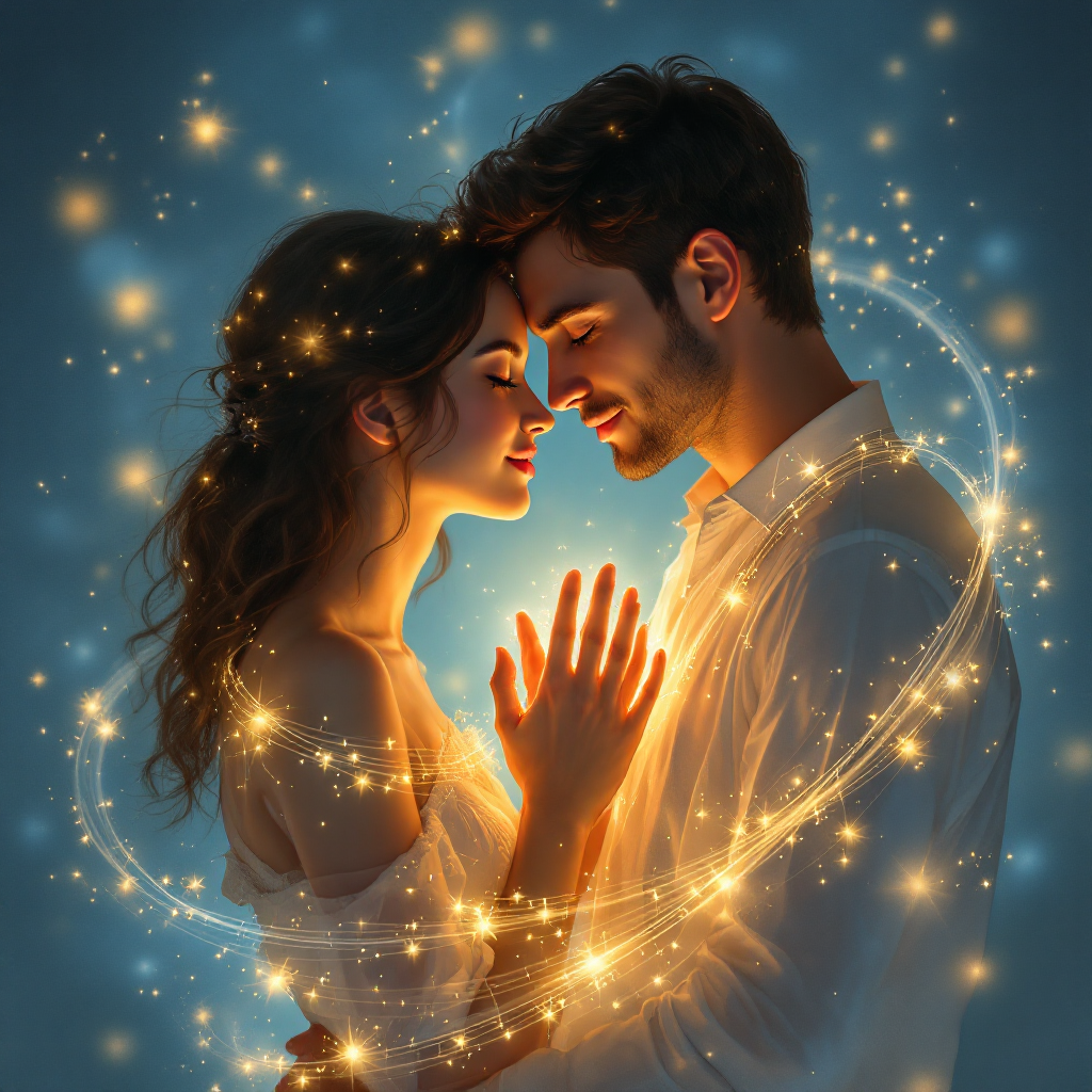 A couple embraces gently, their foreheads touching, surrounded by shimmering light, symbolizing the unbreakable bond of love they create together.