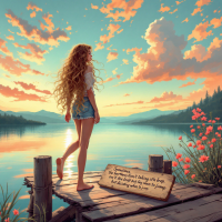 A young woman stands on a dock by a serene lake at sunset, contemplating a leap into the water, with a quote about decision-making elegantly displayed nearby.