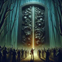 A mystical scene showing a person standing before an enormous, ornate door opening amidst a haunting forest as a crowd watches.