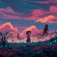 A child stands in a vibrant field at twilight, shadowed by a dark, ghostly figure symbolizing the invisible monster that eats memories.