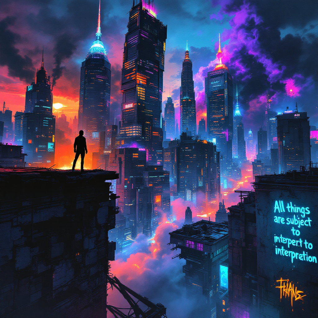 A silhouetted figure stands on a rooftop overlooking a vibrant, futuristic cityscape bathed in neon colors, with the quote about interpretation and power artistically integrated.